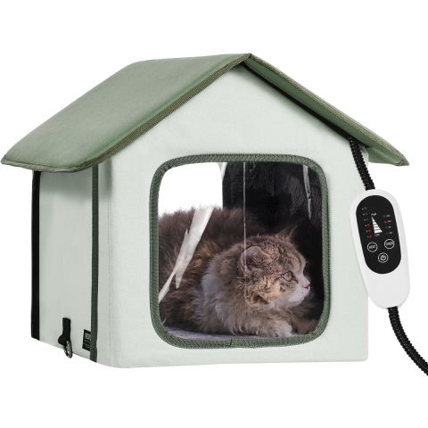 VEVOR Verhoogd Verwarmd Kattenhuis, Buitenkattenhuis met Instelbare Temperatuur en Timer, Opvouwbaar Kattenhuis van 600D Oxford-stof met Verwarmd Kussen voor de Winter om het Warm en Gezellig te Houden, Groen (Klein)