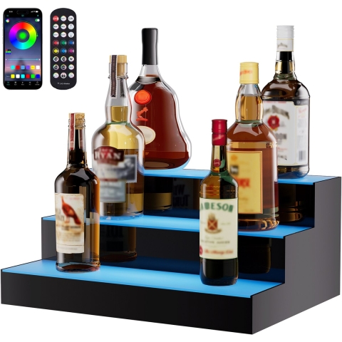 VEVOR Bar Shelf Wijnrek, LED-verlichte barplank voor thuis met RF-afstandsbediening en app-bediening, 3-laags acryl drankverlichtingsplank, 400 x 300 x 177 mm wijnflessenstandaard vrijstaand