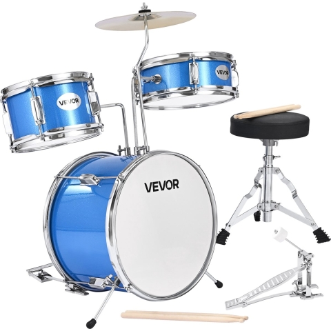 VEVOR 3-delige beginnersdrumset met 14" basdrum, 8" tom-tom, 10" snaredrum en verstelbare drumstokken, muziekleerset voor kinderen van 6-13 jaar, blauw