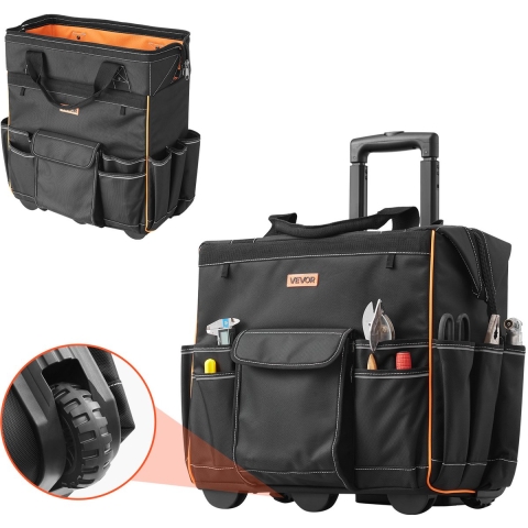 VEVOR Gereedschapstas met wielen, draagvermogen 50 kg, 25 zakken, werktas met verstelbare telescopische handgreep en stabiele basis, gereedschapstasorganizer voor elektriciens, bouw, 460 x 270 x 430 mm