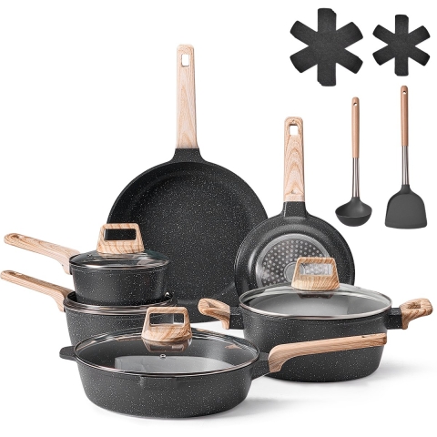 VEVOR Inductiepannenset (17 stuks) met glazen deksels, antiaanbak kookgerei, inductiekookpannen voor de camperkeuken om te frituren, sauzen te kruiden en te koken (zwart)