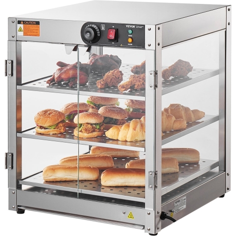 VEVOR 3-laags commerciële voedselverwarmer, 800W voedselverwarmer met licht voor een betere presentatie van het eten, temperatuurregeling van 30°C tot 85°C, grote capaciteit van 90 liter voor hamburgers, pizza, brood en gefrituurde kip