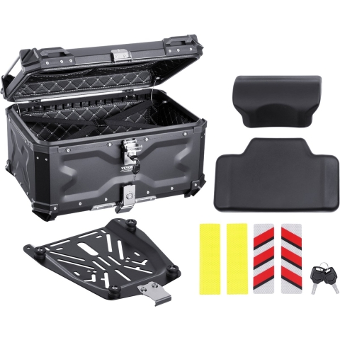 VEVOR Motorfiets Topkoffer, 65L Achterkoffer van Aluminiumlegering met Leren Voering, Afneembare Motorfiets Topkoffer met Slot & Rugkussen, Helmhoes (565 x 500 x 380 mm) Zwart