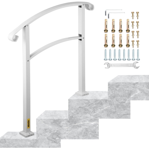 VEVOR 3-trede trapleuning voor buitentrappen, geschikt voor 1 of 3 treden, matwit, ijzeren leuning met installatiekit, leuningen voor buitentrappen