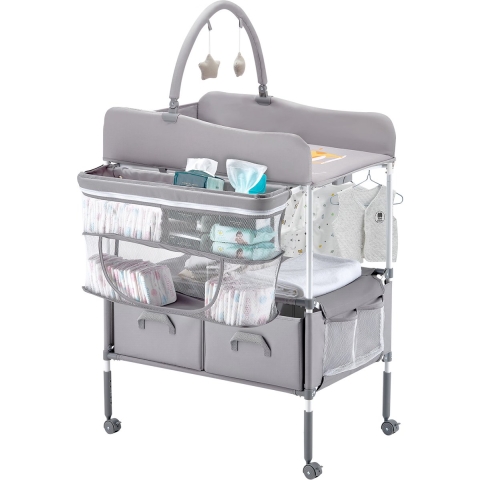 VEVOR Verschoontafel Opvouwbare Verschoontafel met 2 stoffen lades, zijmand en kledingstang, in hoogte verstelbare draagbare verschoontafel met vergrendelbare wielen en 2 sterrenspeeltjes, lichtgrijs