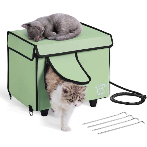 VEVOR Verhoogd Verwarmd Kattenhuis, Kubusvormig Kattenhuis met Instelbare Temperatuur en Timer, Opvouwbaar Kattenhuis van 900D Oxford-stof met Verwarmd Kussen voor de Winter om het Warm en Gezellig te Houden, Groen (Klein)
