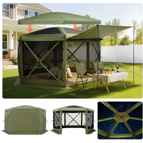 VEVOR Pop-up Paviljoen, 3 x 3 m, Grote 6-zijdige Campingtent met Afneembaar Dak & Draagtas, Feesttent, Zonnescherm voor 6-8 Personen op Terras en Tuin, Groen