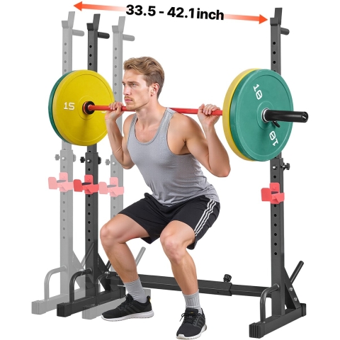 VEVOR Power Cage Squat Rack voor thuisgym met verstelbare hoogte en breedte, draagvermogen van 250 kg, krachttrainingsapparaat met halterrekken en J-haken voor bankdrukken, squats en gewichtheffen.