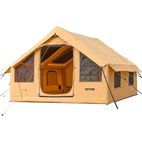 VEVOR Opblaasbare kampeertent, 5-8 persoons tent met handpomp, 4x3x2,2 m glampingtent met 2 dakramen, luifel, kachelaansluiting, 2 deuren, gaasramen en opbergtas