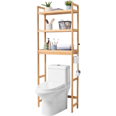 VEVOR Opberger boven het toilet, 3-laags verstelbare badkamerorganizer boven het toilet, bamboe opbergrek met 3 haken, vrijstaande, gemakkelijk schoon te maken wasruimtebesparende