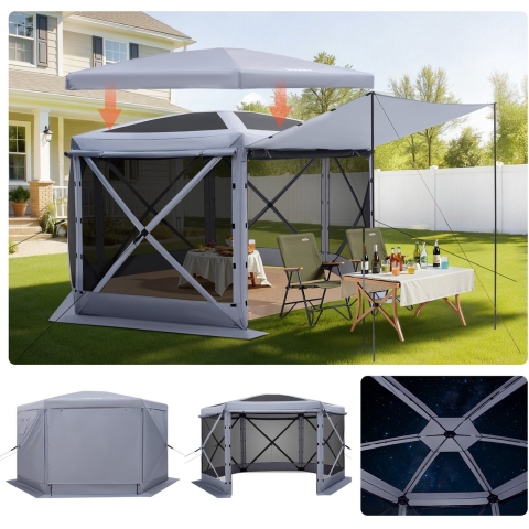 VEVOR Pop-up Paviljoen, 3,6 x 3,6 x 2,2 m, Grote 6-zijdige kampeertent met afneembaar dak en draagtas, feesttent, zonnescherm voor 8-10 personen, voor tuin, terras en patio