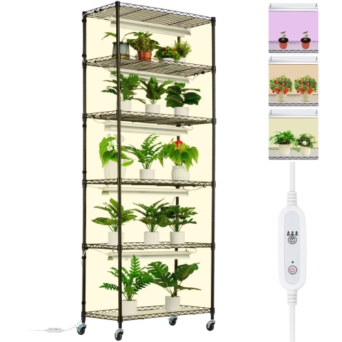 VEVOR plantenstandaard met kweeklamp, 6-laags 150W plantenrek voor binnen, 3 lichtspectrumstanden, stalen plantenrek met timer, kweekrek voor tuinplanten, 75x35x180cm