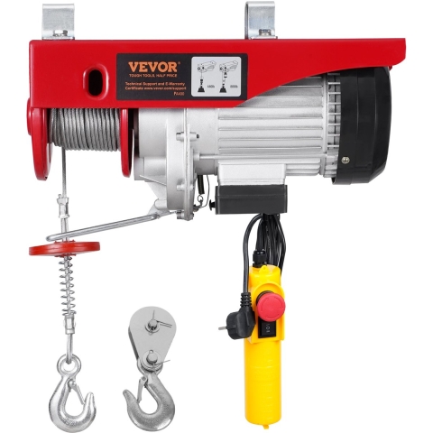 VEVOR elektrische lier, 400 kg, motorlier met 4,2 m bekabelde afstandsbediening, 12 m hefhoogte met enkele kabel, enkele/dubbele lussen, noodstop, hijsgereedschap voor garage, magazijn, fabriek