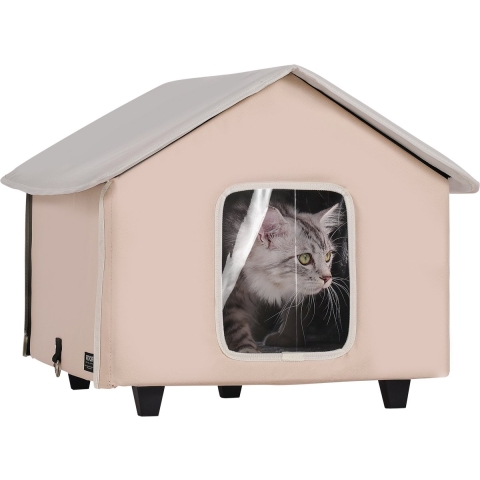 VEVOR Verhoogd Verwarmd Kattenhuis, Buitenkattenhuis met Instelbare Temperatuur en Timer, Opvouwbaar Kattenhuis van 600D Oxford-stof met Verwarmd Kussen voor de Winter om het Warm en Gezellig te Houden, Bruin (Midden)
