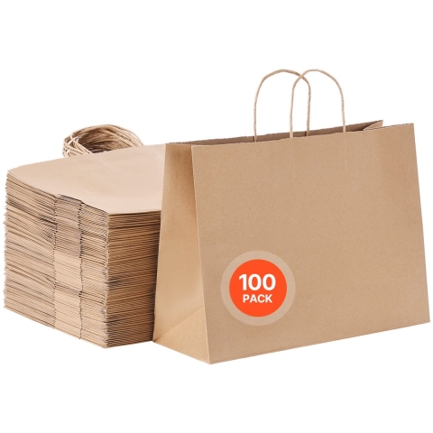 VEVOR Kraft papieren tassen, 100 stuks, cadeautassen met handvatten, 406x152x308 mm, grote herbruikbare papieren draagtassen, boodschappentassen, voor verjaardagen, bruiloften, winkelen, cadeaus, bruin