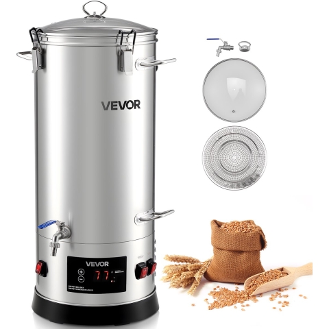 VEVOR elektrisch bierbrouwsysteem, 30 liter brouwketel voor thuisgebruik, behuizing van 304 roestvrij staal, maischkuip met geïntegreerd binnenvat, versterkte handgreep en tapkraan, brouwsysteem