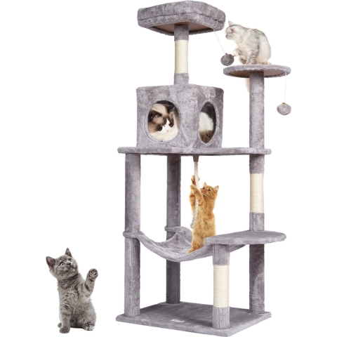 VEVOR Kattenboom voor Binnenkatten, 142 cm Kattentoren met Kattenhuis, Sisal Krabpaal, Hangmat, Bovenzitstok, Springplatforms, Groot Kattenhuis met Hangbal, Kattenmeubel Activiteitencentrum, Lichtgrijs
