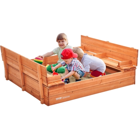 VEVOR Houten Zandbak, 132 x 120 x 43 cm, Zandbak met Opvouwbare Bankjes en Vloerinzetstuk, Natuurlijke Houten Zandbak voor Kinderen voor de Tuin, Strand, Park, Cadeau voor Jongens en Meisjes van 3-12 Jaar