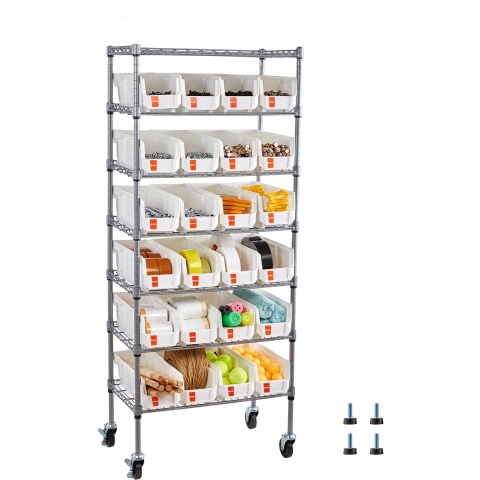 VEVOR Staande plank, opbergplank met 7 lagen en 24 kleine stapelbare dozen, boekenplank, keukenplank op wielen, gereedschapsorganizer voor garage, kantoor, restaurant, klaslokaal, keuken, 600x350x1480mm