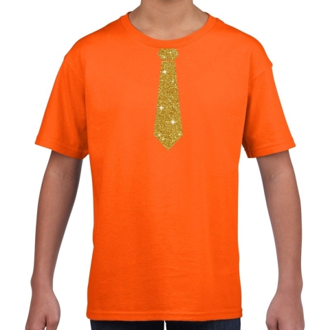 Verkleedkleding t-shirt - oranje - met kleine Stropdas - goud glitters - kinderen - carnaval L (146-152) -