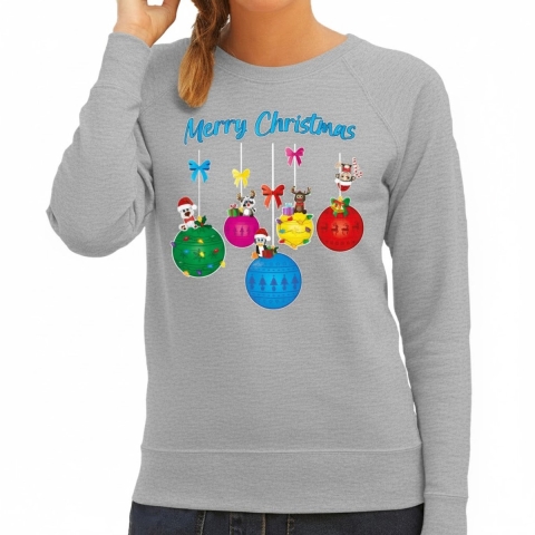 Kersttrui / sweater voor dames - kerstballen - grijs - kerstdiertjes - Merry Christmas 2XL -