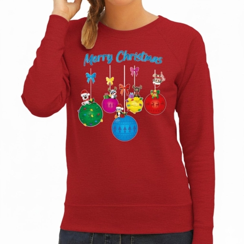 Kersttrui / sweater voor dames - kerstballen - rood - kerstdiertjes - Merry Christmas M -