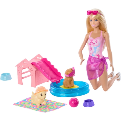 Barbie Poppenset - 30 cm - Puppy Pool Party Aloha Blond - Barbie - OneSize - Pop