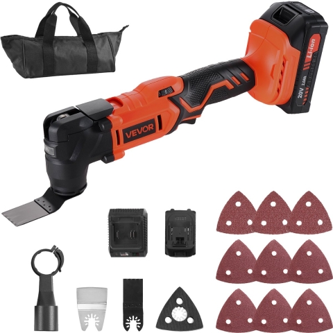 VEVOR draadloze multitool, 20V oscillerende multitool met 6 variabele snelheden van 8500–17000 omwentelingen per minuut, 3,2° oscillatiehoek, 2,0 Ah accupack en lader, 12-delige zaagaccessoireset en LED-verlichting