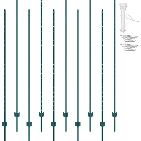 VEVOR 7 voet hekpaal, 10 stuks T-paal zware metalen hekpalen, stevige stalen hekpalen voor tuin, gazon, boerderijen en buitenhekwerk met gaas, groen