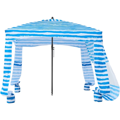 VEVOR strandcabana 183 x 183 cm, strandluifel met zijwanden, UPF 50+ zonbescherming, strandpaviljoen met zandzakken, draagbare parasol voor familie en vrienden, blauwe strepen