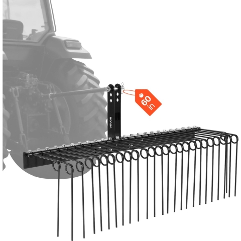 VEVOR gazonmaaierhark 150 cm, gazoneg met 26 veertanden, gazonbeluchter voor tractoren categorie 1, verticuteermachine met driepuntsophanging, tractoropzetstuk voor bladeren en dennennaalden