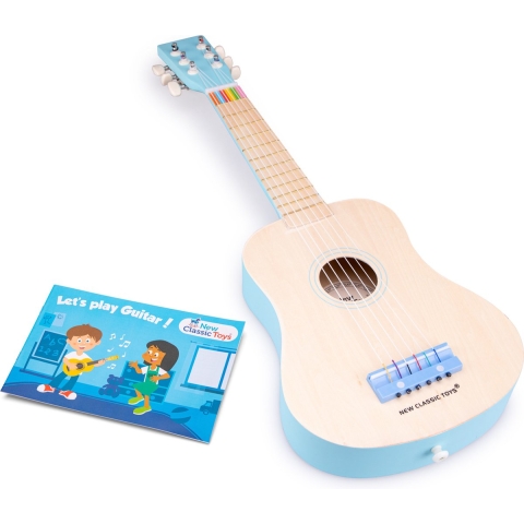 New Classic Toys® Houten Speelgoedgitaar - Inclusief Draagriem en Muziekboekje - Blauw/Naturel
