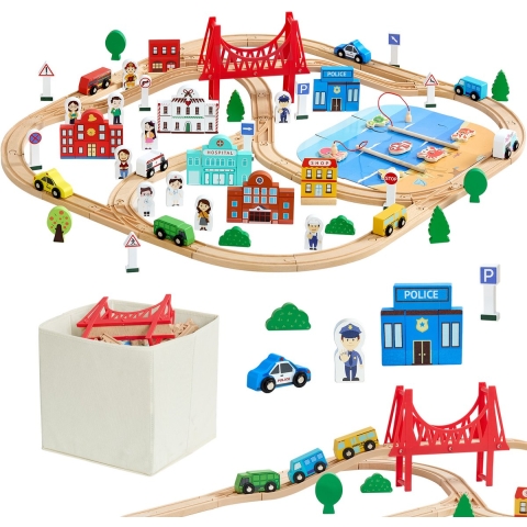 VEVOR houten treinset, 113 onderdelen, treinspeelgoed met opbergdoos, stadstrein speelset, compatibel met de meeste merken, kerst- en verjaardagscadeau voor kinderen vanaf 3 jaar