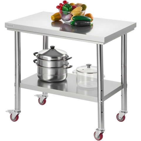 VEVOR RVS werktafel/keukentafel (90 x 60 cm) voor voedselbereiding met wielen, voorbereidingstafel met verstelbare onderplank voor commerciële keukens, restaurants, hotels, garages en buitengebruik