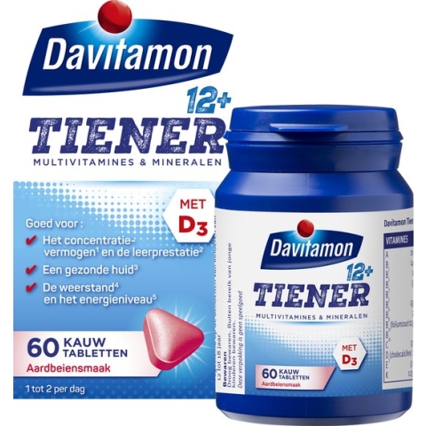 Davitamon Multi Boost 12+ Kauwvitamines - multivitaminen kinderen – aardbei smaak - 60 kauwtabletten