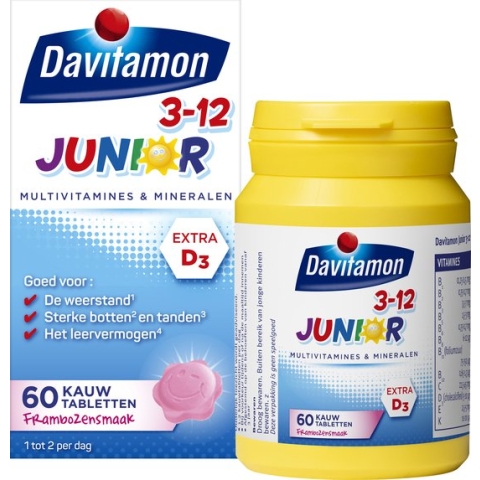 Davitamon Junior 3+ kauwvitamines - multivitamine kinderen - framboos - 60 tabletten