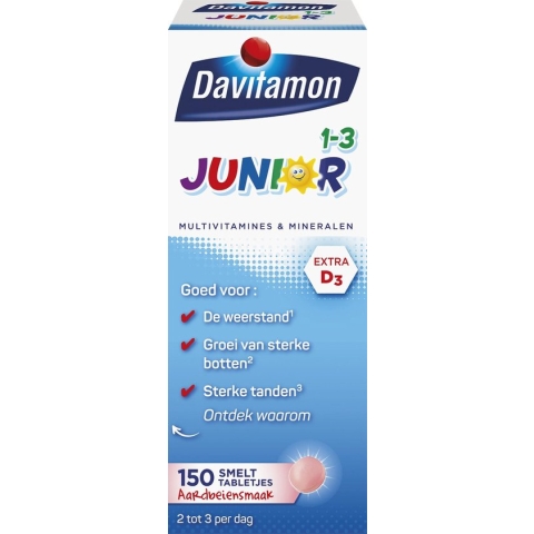 Davitamon Junior vitaminen 1-3 jaar - multivitamine kinderen - 150 smelttabletjes - Aardbeiensmaak