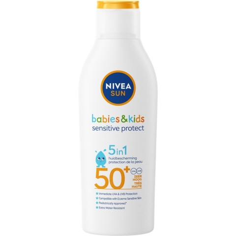 NIVEA SUN Babies & Kids Sensitive Protect Zonnebrand Melk - Baby en Kind - SPF 50+ - Parfumvrij - Geschikt voor de huid met eczeem - 200 ml
