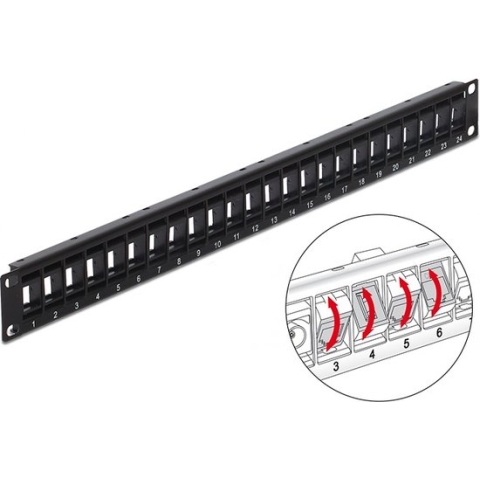 19'' Patch Panel 1U met draaibare poorten voor 24 Keystone modules / zwart