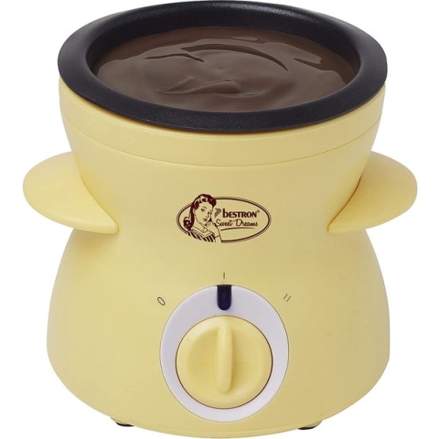 Bestron Chocolade-Fondueset voor 2 Personen, elektrische Chocofondue incl. 10x spiesen, 10x vorken en 1x spatel, 25 Watt, kleur: geel