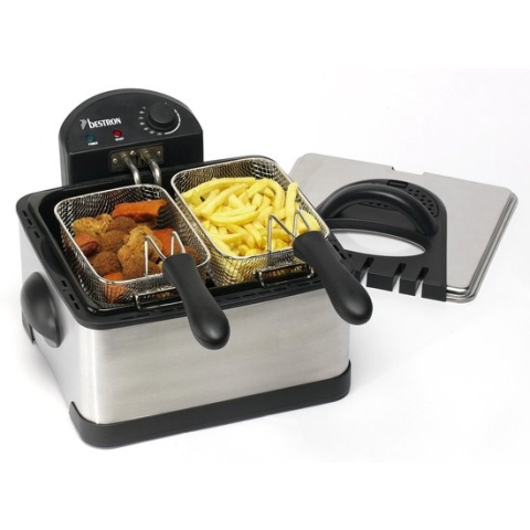 Bestron XL Frituurpan met 3 frituurmanden, incl. koude zone technologie & uitneembare oliecontainer, 4 liter, vaatwasmachinebestendig, 2000 W, roestvrij staal, kleur: zilver