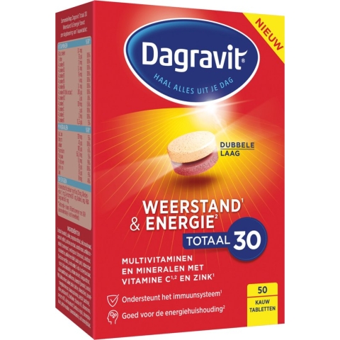 Dagravit Totaal 30 Weerstand & Energie Multivitaminen - Vitamine C, selenium en zink ondersteunen het immuunsysteem - 50 kauwtabletten