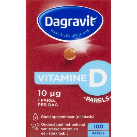 Dagravit Vitamine D 10µg parels - Ondersteunt het behoud van sterke botten en een sterk gebit - Goed opneembaar door de oliebasis - 100 parels