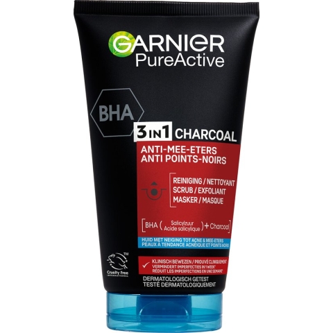 Garnier Pure Active 3in1 Gezichtsreiniger met Charcoal – Houtskool Gezichtsmasker, Gezichtsscrub én gezichtsreiniger in een - 150ml