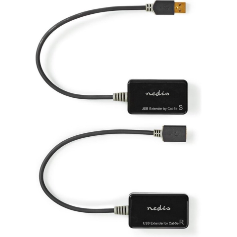 Nedis USB-Verlenger - USB 1.1 - 1x RJ45 Female - 1x USB-A Female - 1x USB-A Male - 1x RJ45 Female - 50 m - 12 Mbps - Goud Verguld - Rond - PVC - Zwart - Window Box