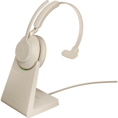Jabra Evolve2 65 MS Mono Beige + Stand - Blueooth Headset - met standaard - op oor - omkeerbaar - Bluetooth - USB-C