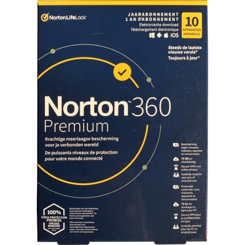 Norton 360 Premium 10 Apparaten + 75GB cloud opslag Nederlands & Frans