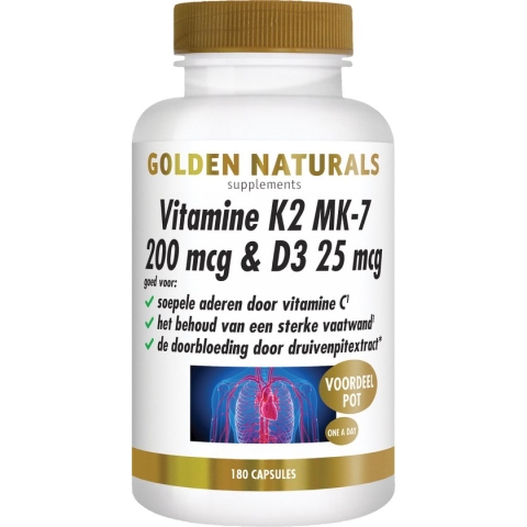 Golden Naturals Vitamine K2 200 mcg & D3 25 mcg (180 vegetarische capsules)