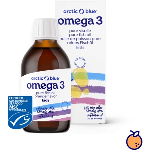 Arctic Blue - Omega 3 Visolie - 450 mg DHA + 380 mg EPA - Met Vit D - Sinaasappelsmaak - 30 doseringen - MSC Keurmerk