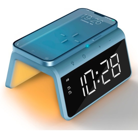 Caliber Digitale Wekker - Wekker met Draadloze Oplader - Wake Up Light - Digitale Klok - Dimbaar - Twee Alarmen - geschikt als kinderwekker - Nachtlamp - Kleur Blauw (HCG019QI-PB)